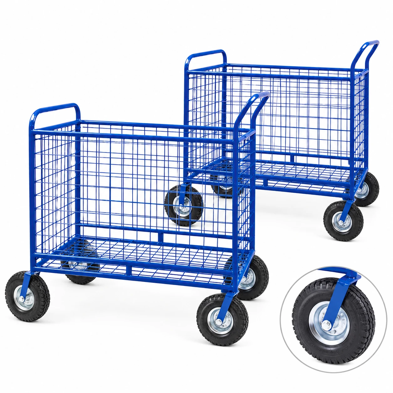 2 wózki siatkowe do transportu suchego prania w pralni przemysłowej ustawione obok siebie o pojemności 280 litrów i 400 litrów z kółkami pompowanymi, ułatwiającymi transport po nierównych powierzchniach